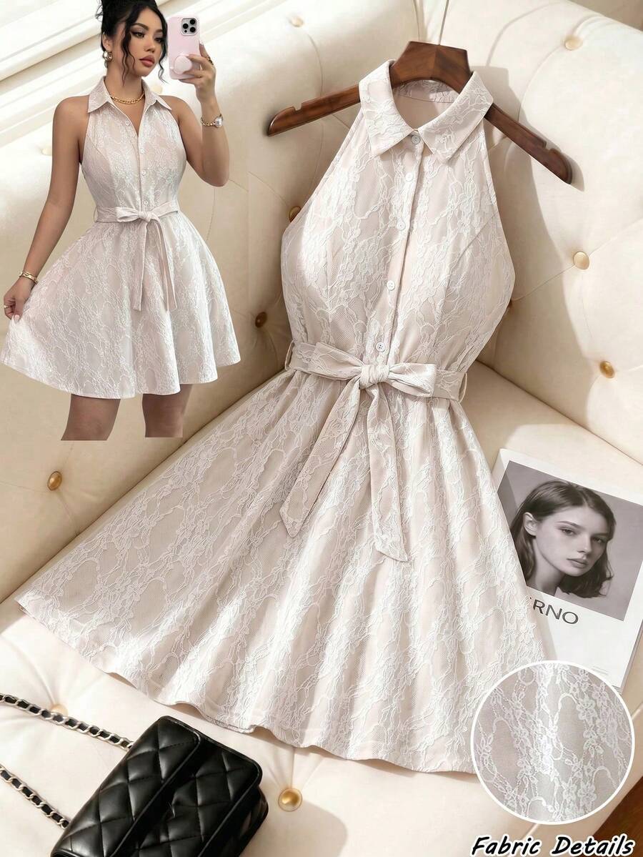 Vestido corto sin mangas con estampado floral y cinturón, adecuado para vacaciones de verano OPML - Multicolor 4 - Ver 1
