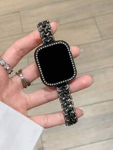 MAPUCE 1條高級Y型水鑽金屬錶帶，適用於Apple Watch 38/40/41/42/44/45/46/49mm，適用於Apple Watch Series Ultra/SE/11/10/9/8/7/6/5/4/3/2/1，長度可調，操作簡單方便，時尚女款配件錶帶（僅錶帶，不含手錶） - 黑色 - 查看 1