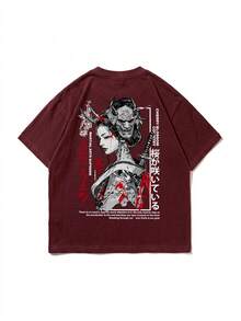 日系暗黑美學印花夏季男款黑色圓領短袖T恤 - 酒紅色 - 查看 4