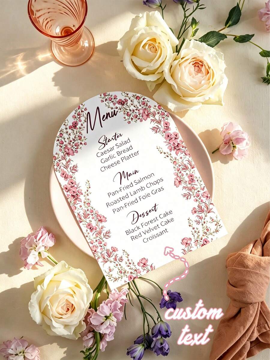 Arched Personalized Wedding Menu Card, Customized Wedding Dinner Menu, Elegant Minimalist Floral Design, Wedding Table Decor, Customizable Event Menu Card, Suitable For Weddings And Pre-Wedding Parties, Minimalist Wedding Table Decor - Arched Menu - View 1