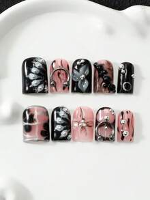 10pcs Pure Handmade Press On Nails, Multi-Layer Gel Acrylic Fake Nails With 3D Flower & Silver Metal & Marble Print Design, Removable Reusable Y2K Bad Girl Style Nail Tips, Including Tool Kit, Perfect For Daily & Party Wear, Exquisite Gift For Women - Multicolor - View 2