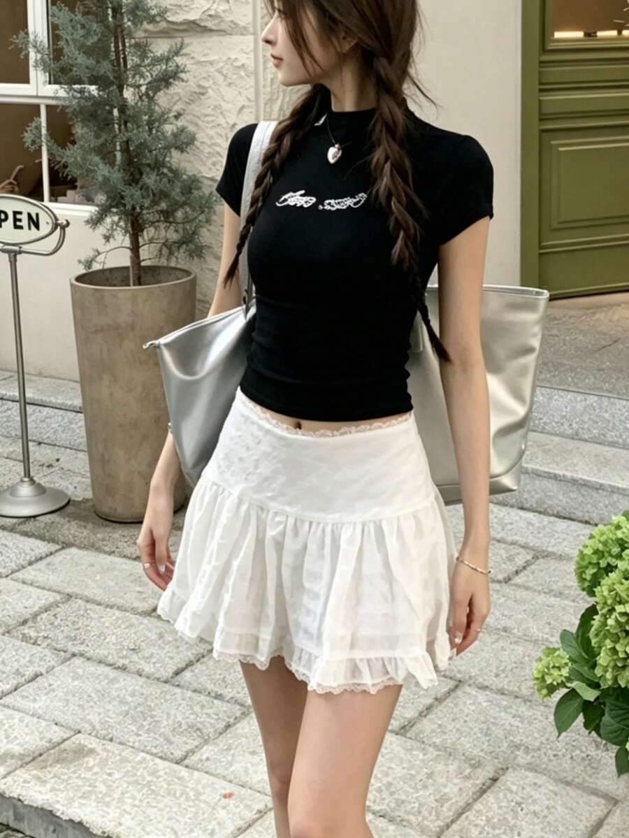芭蕾舞风格纯色高腰褶皱休闲度假蕾丝女式迷你裙，A字泡泡裙，适合娇小身材，2026夏季款