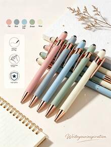 5pcs Aesthetic Macaron Color Touchscreen Stylus Pen Set, Elegant Rose Gold Clip Ballpoint Pens, Black Smooth Ink Retractable Cute Writing Pens, Suitable For Planner, Office Desk Accessories, School Graduation Gift, Party Decor And Space Decoration For Her - Multicolor - View 3