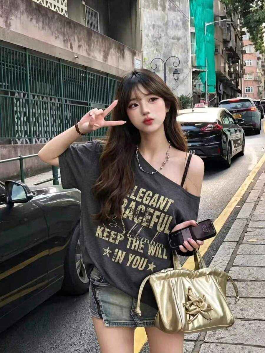 街頭風嘻哈印花不對稱單肩短袖女款夏季辣妹黑色上衣休閒T恤 - 深灰色 - 查看 1