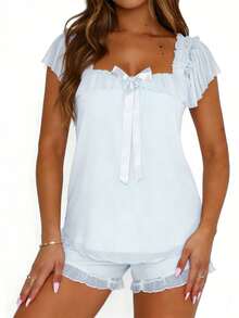 Square Neck Bow Ruffle 2 Piece Sleep Set For Women, Mesh Layer Trim Cami Top  Short, Coquette Soft Lightweight Loungewear Night Wear - Light Blue - View 4