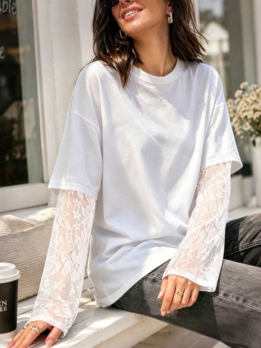 1件女款春夏秋白色休閒日常購物派對舒適時尚寬鬆慵懶通勤返校季公園音樂節蕾絲拼接長袖基本款T恤