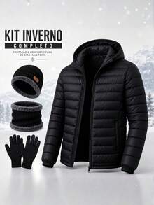 Jacket, Puffer, Gloves, Hat, And Scarf Set For Winter And Autumn. - 黑色 - 查看 1