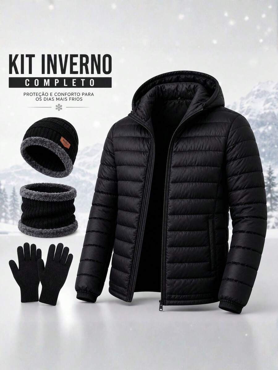 Jacket, Puffer, Gloves, Hat, And Scarf Set For Winter And Autumn. - 黑色 - 查看 1
