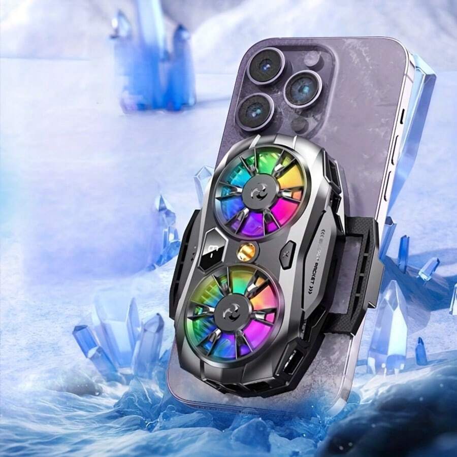Dual Turbo Phone Cooler For Mobile Gamers & Streamers, Cool Design With RGB Lighting For Atmosphere, USB-C Phone Cooler With Real-Time Display, Semiconductor Back Clip, Quiet Gaming Cooling Fan, Fast Cooling, Telescopic Back Clip, Essential For Streaming, Work, Bloggers, Mobile Gaming, And Video Streaming