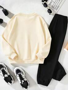 2pcs/Set Boys Round Neck Long Sleeve Printed T-Shirt & Casual Pants, Street Style Daily Wear Autumn/Winter Outfit - Apricot - View 6