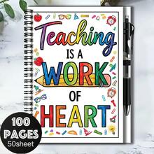 1 Set Back To School/Work & Study Essential! Exquisite 2D Cover Spiral Coil Notebook With Pen, Cover Printed With "Teaching Is A Work Of Heart", Filled With Educational Sentiment. Suitable For Diaries, Daily Planning, Notes, Etc., Graduation Gift, Birthday Gift Choice, 100 Pages To Meet Diverse Writing Needs. - R - View 8