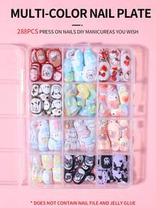 Sanrio Hello Kitty 288片/組（12款混搭設計）短方型法式穿戴式假指甲，可愛3D Hello Kitty、Kuromi、Cinnamoroll、Pompompurin圖案設計，完美貼合壓克力假指甲套組，適合女孩日常與派對美甲 - 彩色 - 查看 6