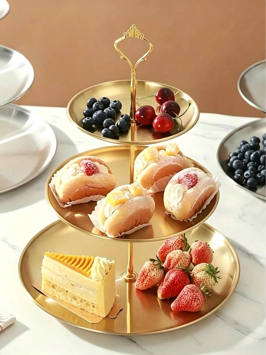 1pc Luxury 3-Tier Round Dessert Stand, Detachable Cupcake & Fruit Display Tray, Multi-Layer Cake Display Rack, Suitable For Wedding, Birthday, Afternoon Tea Party, Home Tabletop Decor - Multicolor - View 1