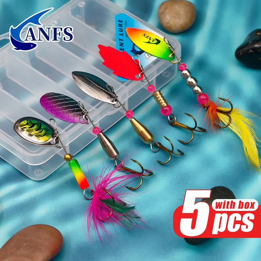 ANFS 5pcs/Set Hard Metal Spinner Lure Fishing Bait Set For Bass, Trout, Salmon, Pike With Tackle Box