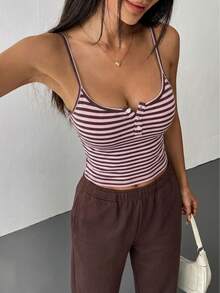 VIVINA 女款極簡時尚休閒日常百搭條紋針織鈕扣背心上衣 夏季款 - 棕色 - 查看 8