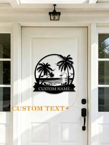 Personalized Palm Tree Beach Metal Sign, Round Coastal Sunset Custom Name Sign, Tropical Beach Home Decor Gift, Outdoor Backyard Wall Decor - Black - View 1