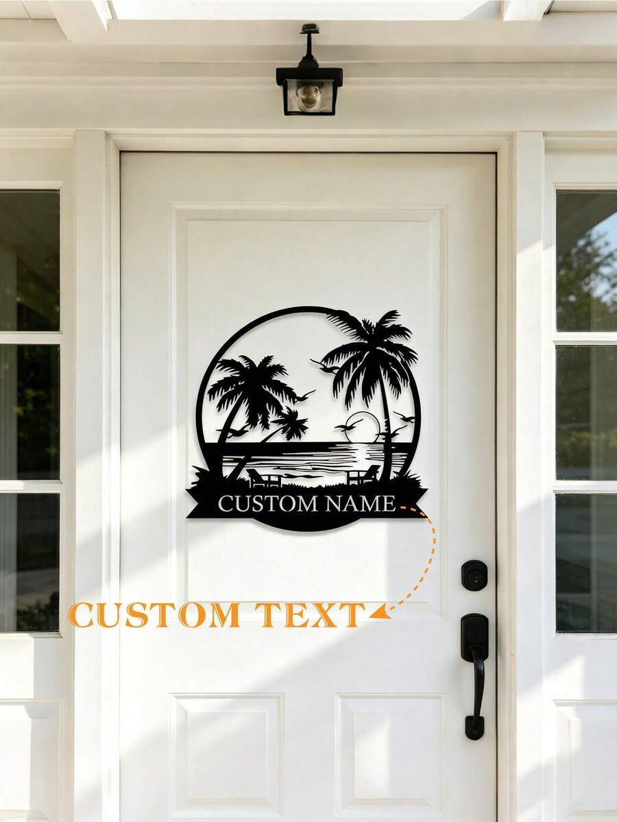Personalized Palm Tree Beach Metal Sign, Round Coastal Sunset Custom Name Sign, Tropical Beach Home Decor Gift, Outdoor Backyard Wall Decor - Black - View 1