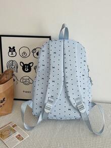 3pcs Nylon Bow & Heart Print Backpack Set, Foldable Multi-Pocket Large Capacity Zipper Backpack, Suitable For Teenagers And High School Students - Blue - View 6