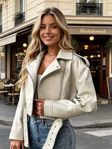 Women's Simple Solid Color Short Jacket With Zipper For Everyday Wear - Off-white - View 1