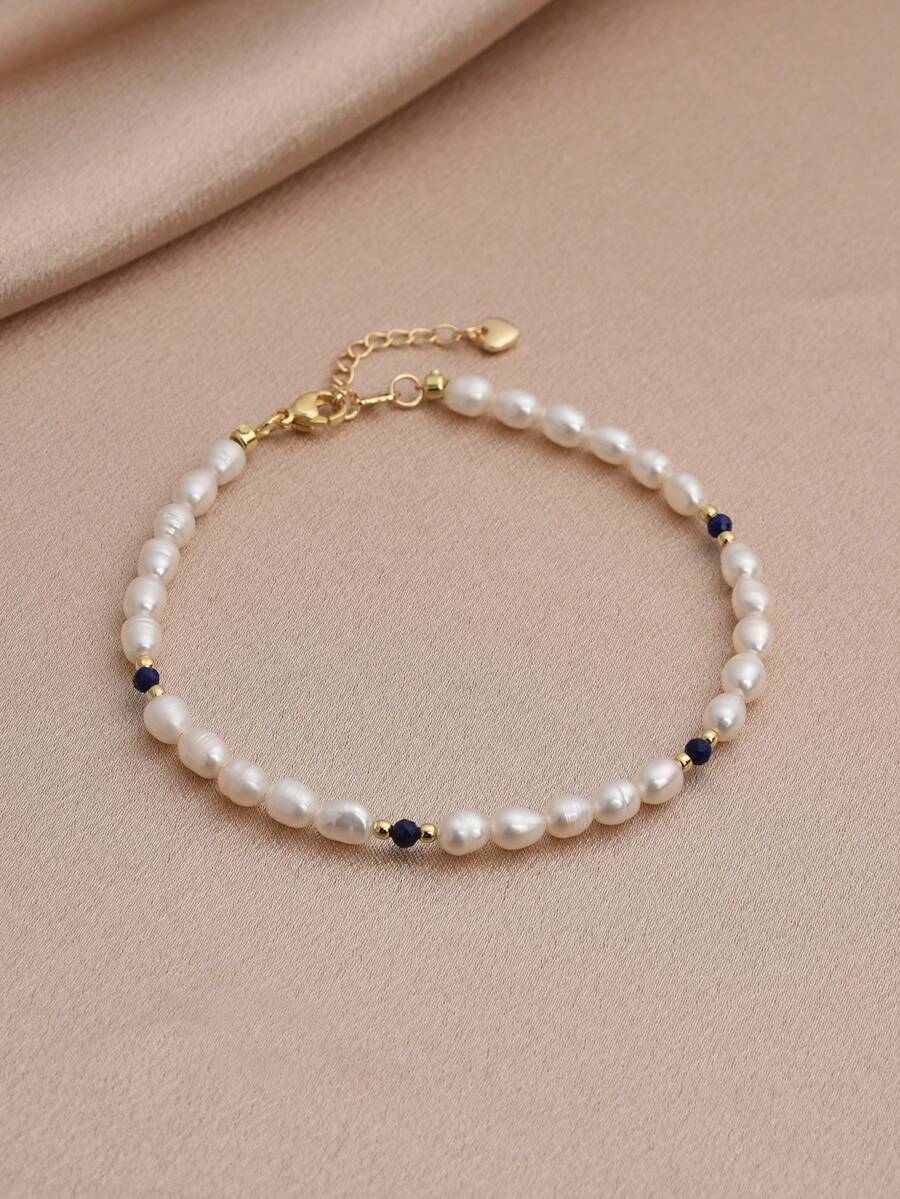 1 Stück 18K vergoldeter Süßwasser-Reisperlen-Fußkettchen für Frauen, Muttertag, Valentinstag, Geburtstag, Hochzeit, Verlobung, Brautgeschenk - Lapislazuli - Übersicht 1