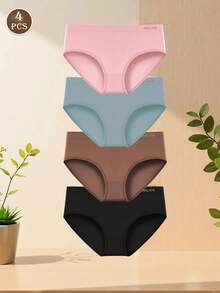 4pcs Seamless Mid-Waist Panties, Maillard Color Comfortable High Elasticity Triangle Briefs - Multicolor - View 6
