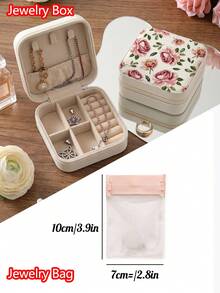 Vintage Print PU Leather Mini Jewelry Storage Box (10x10x5cm) - Portable Travel Jewelry Box, Multi-Compartment Interior Design With Ring Roll, Earring Slots And Necklace Hooks, Velvet Lining Zipper Closure, Lightweight, Ideal Gift For Sisters, Mothers, Teachers, Bridesmaids - Retro Print - View 2
