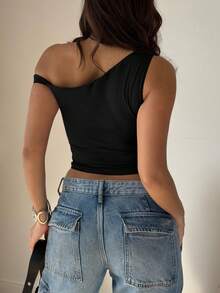 Summer Casual Solid Color Asymmetrical Shoulder Fitted Top - Charcoal Black - View 6