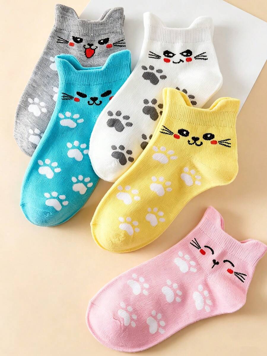 5 pares de calcetines cortos tipo barco para mujer con orejas de gato 3D, diseño de dibujos animados lindo, transpirables, versátiles, para estudiantes, uso diario, hogar y casual, multicolor - Multicolor - Ver 1