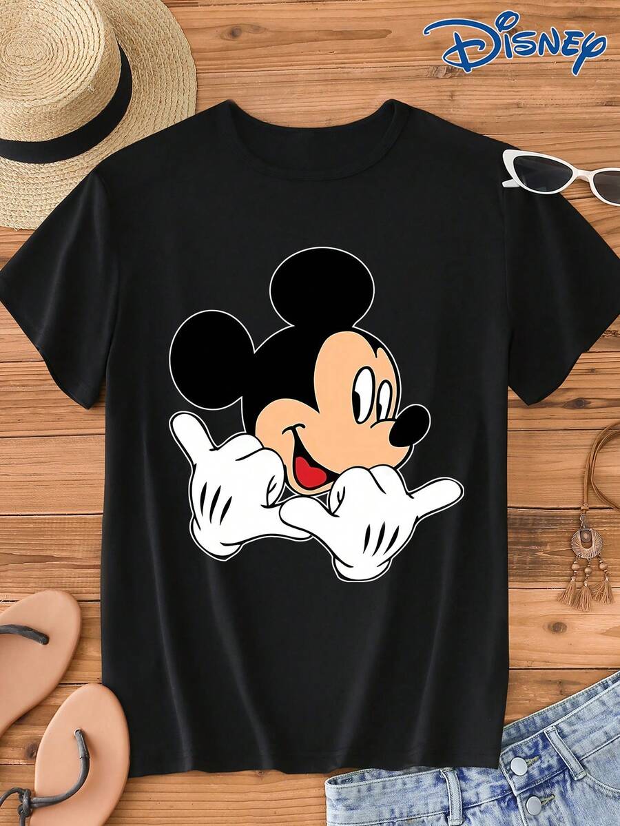 Disney 1件男士米奇卡通图案印花短袖T恤,圆领,弹力面料,适合日常穿着,易打理,时尚休闲男士T恤,短袖T恤 - 黑色 - 查看 1
