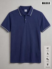 男士海軍藍短袖 Polo 衫，白色對比條紋領口與袖口，經典百搭休閒上衣，適合日常穿著與運動 - 藏蓝色 - 查看 4