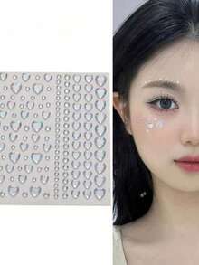 1pc Iridescent Heart Face Rhinestone Stickers, Mixed Sizes + Linear Design, Self-Adhesive Backing, Stage Makeup Eye And Tear Drop Shape Glitter Stickers - Multicolor - View 3