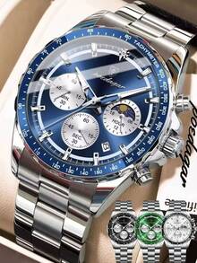 POEDAGAR 1pc Fashion Men's Stainless Steel Waterproof Luminous Quartz Watches With Chronograph Date Dial, Suitable For Daily & Formal Occasions, Men's Gifts - one-size - View 14