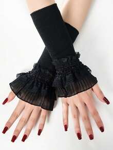 1 Pair Women's Solid Color Knitted Arm Warmers With Layered Ruffle Lace Trim, Elegant Layered Long Fingerless Gloves, Suitable For Daily And Party Wear - Multicolor - View 2