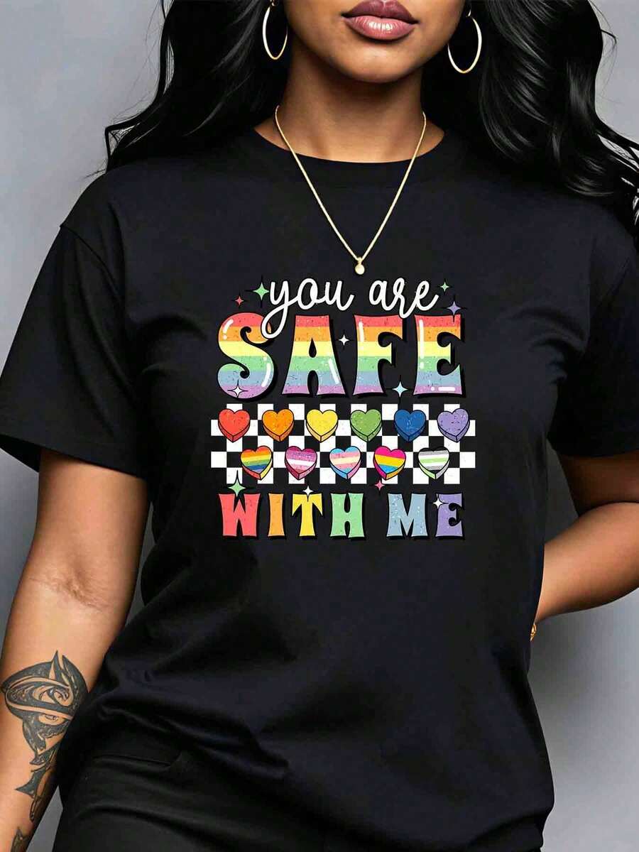 VintageWomen Plus Size Short Sleeve T Shirt With Print Pattern And Text Suitable For Casual Wear And Pride Events Spring Summer, 220gsummer Tops - Black - View 1