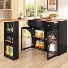 Extendable Bar Table With Storage (138-204*39*104cm), 360° Swivel Bar, Modern Mobile Bar Table, High Kitchen/Bistro Island Table, Sideboard With Shelves And Glass Doors, Black - Black - View 12