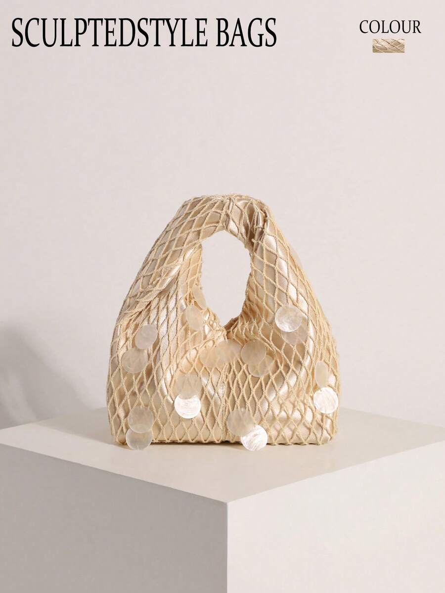 SCULPTEDSTYLE BAGS 1件貝殼片亮片裝飾流蘇女款波波手提包 時尚杏色緞面底網格手編手工美人魚亮片網編手提包 夏季海灘旅行度假泳池派對多場景適用 (由雲母貝殼片製成,天然裂紋、雜質和缺陷屬正常現象) - 杏色 - 查看 1