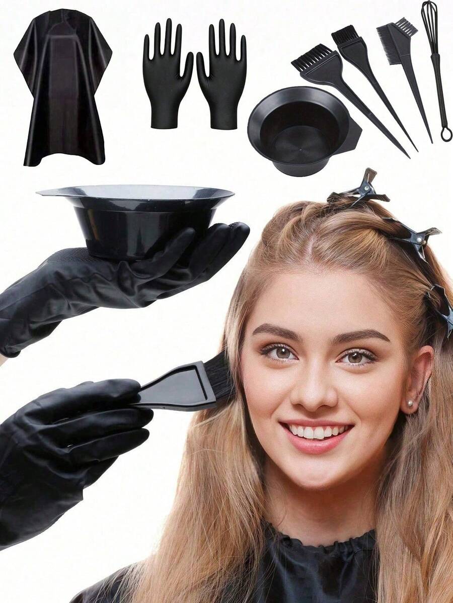 8pcs/Set Professional Hair Dye Tool Kit, Includes Hair Dye Brush, Hair Dye Bowl, Hair Dye Comb, Hair Dye Paste Mixing Stick, Hair Dye Gloves, Suitable For Professional Hair Salon Use And Personal Home Use, Hairdressing Accessories, Hair Care Products, Hairdressing Tools, Hairdressing Supplies, Barber, Hairdressing Accessories - Multicolor - View 1