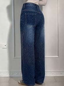 Women's Casual Wide Leg Jeans, Rhinestone Decor, Long Non-Stretch Fabric, Zipper Design - Dark Blue - View 3
