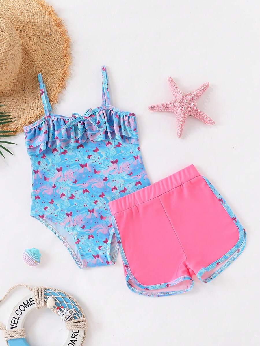 Cute Spaghetti Strap Ruffle 2 Pieces Bathing Suit For Girls 4-8 Years Old, Butterfly Print For Pool, Beach & Hot Spring - Baby Blue - View 1