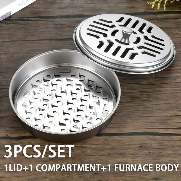 3PCS Detachable Stainless Steel Mosquito Coil Box With Breathable Dust-Proof Lid, Portable Windproof Mosquito Coil Tray With Heat-Resistant Lifting Knob, Hollow Breathable Windproof Top Cover To Prevent Ash Splatter, Removable Inner Plate For Deep Cleaning, Compact And Lightweight For Easy Carrying, Suitable For Indoor Bedroom, Kitchen, Dorm, Outdoor Camping, Picnic, Yard, RV Summer Mosquito Repellent, Balcony Leisure Aromatherapy, Vacation Cottage Pest Control