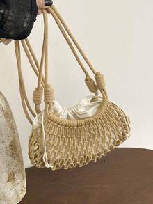 New Minimalist Woven Handmade Women's Beach Bag - Khaki - View 7