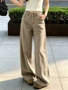 Retro American Khaki Straight Leg Loose Wide-Leg Jeans For Women, New Arrival Maxi Length Pants Casual Fall - Khaki - View 2