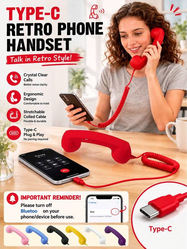 Auricular de teléfono retro para dispositivos Tipo-C, auricular de teléfono celular estilo vintage con control de volumen & micrófono, auricular de teléfono fijo con cable con reducción de ruido para videoconferencias móviles, llamadas, reuniones