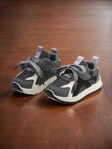 1 Pair Baby Walking Shoes, Casual Versatile Kids Sports Shoes, Fashion Leather Patchwork Breathable Mesh Design, Suitable For Summer - Grey - View 2