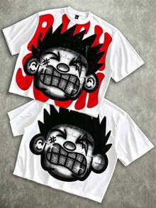 Manfinity Roghcode Men's Oversized Distressed Funny Diamond Teeth Tattoo Big Face Allover Print Cropped Loose T-Shirt (High Quality) - Putih - View 13