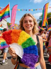 1件 2026 LGBTQ 驕傲派對彩虹天鵝絨羽毛扇，適用於舞台伸展台表演、音樂節、嘉年華慶典，時尚手持冷卻配件，Love Is Love 主題裝飾 - 彩色 - 查看 2