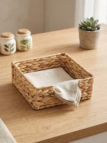 1pc Square Water Hyacinth Napkin Holder, Handwoven Wicker Napkin Basket, Rustic Tabletop Napkin Tray For Kitchen, Dining Room & Restaurant, Natural Farmhouse Decorative Tissue Organizer, Boho Decor, Handmade, Compact Multipurpose, - Brown - View 4