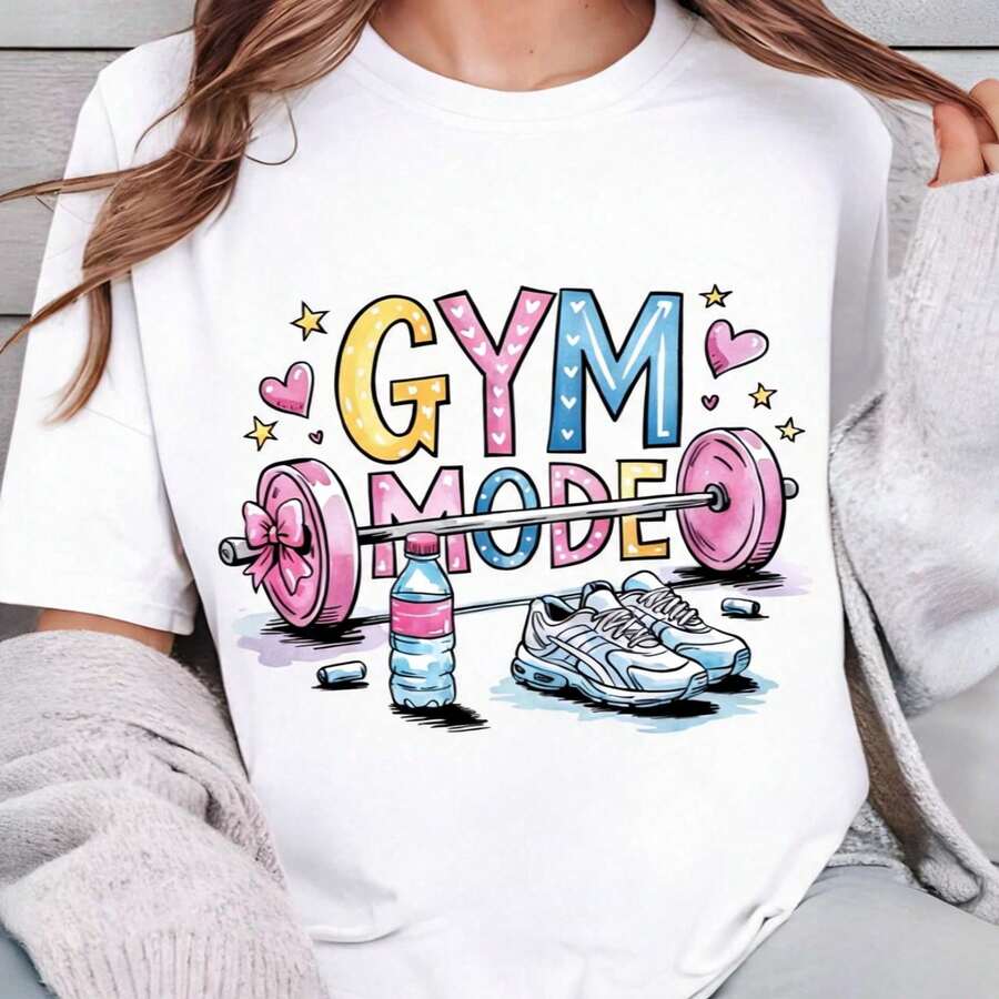 Pure Cotton Gym Mode On T-Shirt, Funny Fitness T-Shirt, Motivational Workout T-Shirt, Fitness T-Shirt, Workout Clothes, Gym T-Shirt, Gift For The Gym - 白色 004 - 查看 1