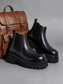 Herren Chelsea Boots im britischen Vintage-Motorradstil, lässige High-Top Leder-Slip-On Stiefel mit hohem Schaft, höhenvergrößernde Tube Boots für Friseure, Lederschuhe - Schwarz - Übersicht 3