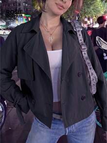 ROSIE POPHUB 女款黑色休閒寬鬆短款風衣，時尚翻領繫帶優雅襯衫，適合夏季校園、日常穿著、辦公室 - 黑色 - 查看 5